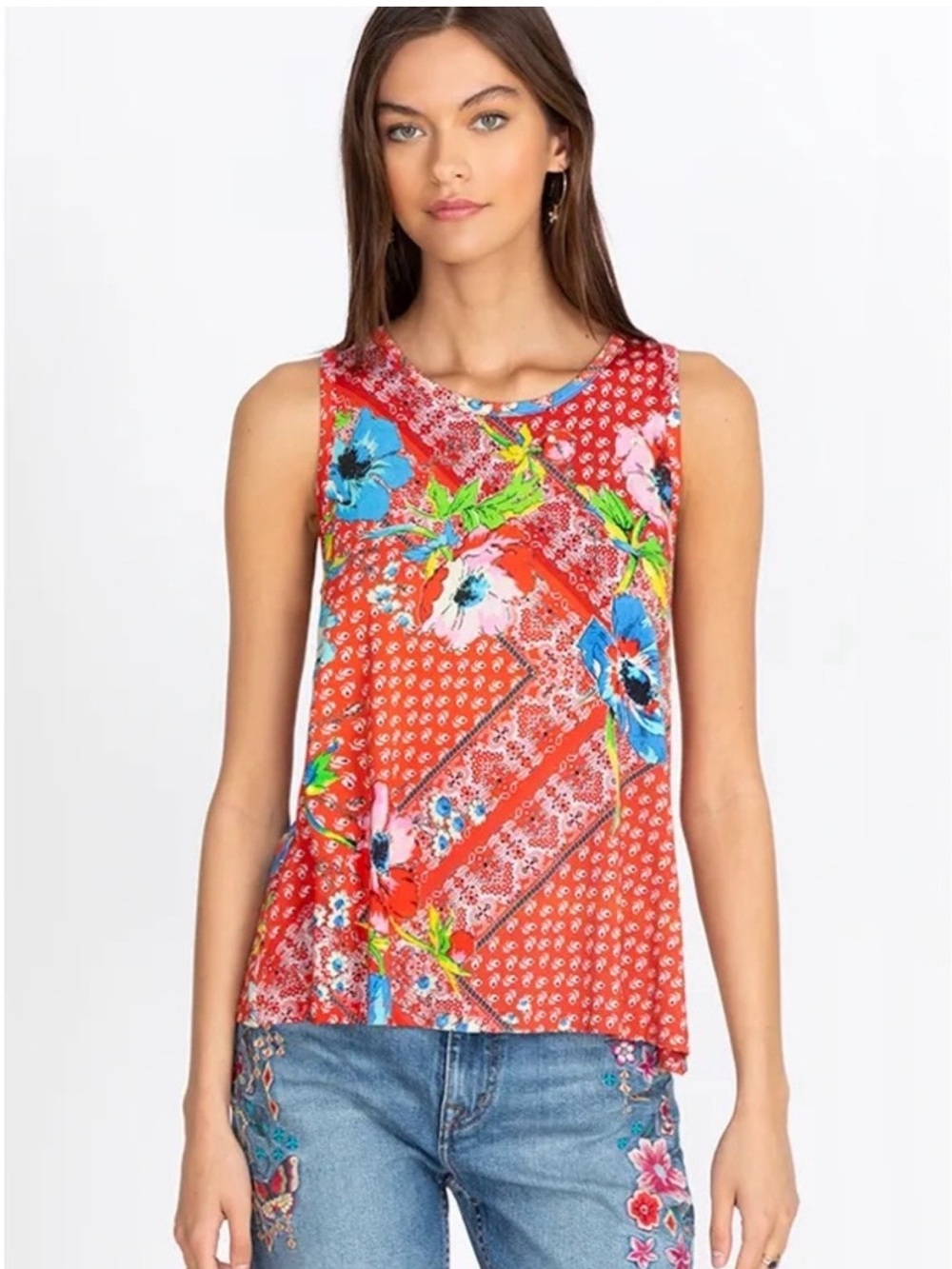 Johnny Was Martha Swing Red Floral Patchwork Tank Top XL